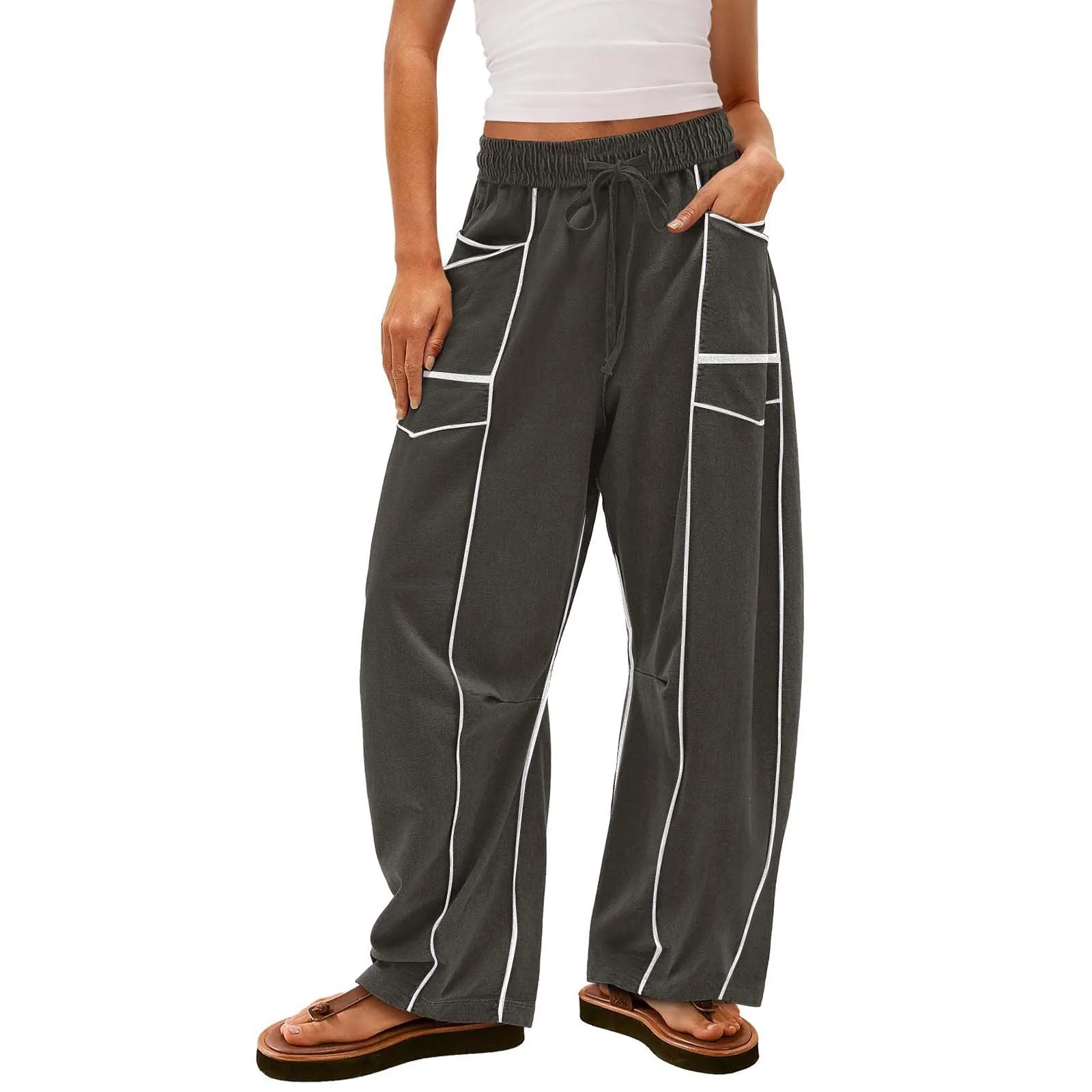 Womens Baggy Barrel Pants Wide Leg Lounge Drawstring Sweatpants with Pockets - Image 11