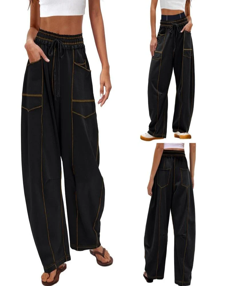 Womens Baggy Barrel Pants Wide Leg Lounge Drawstring Sweatpants with Pockets - Image 6