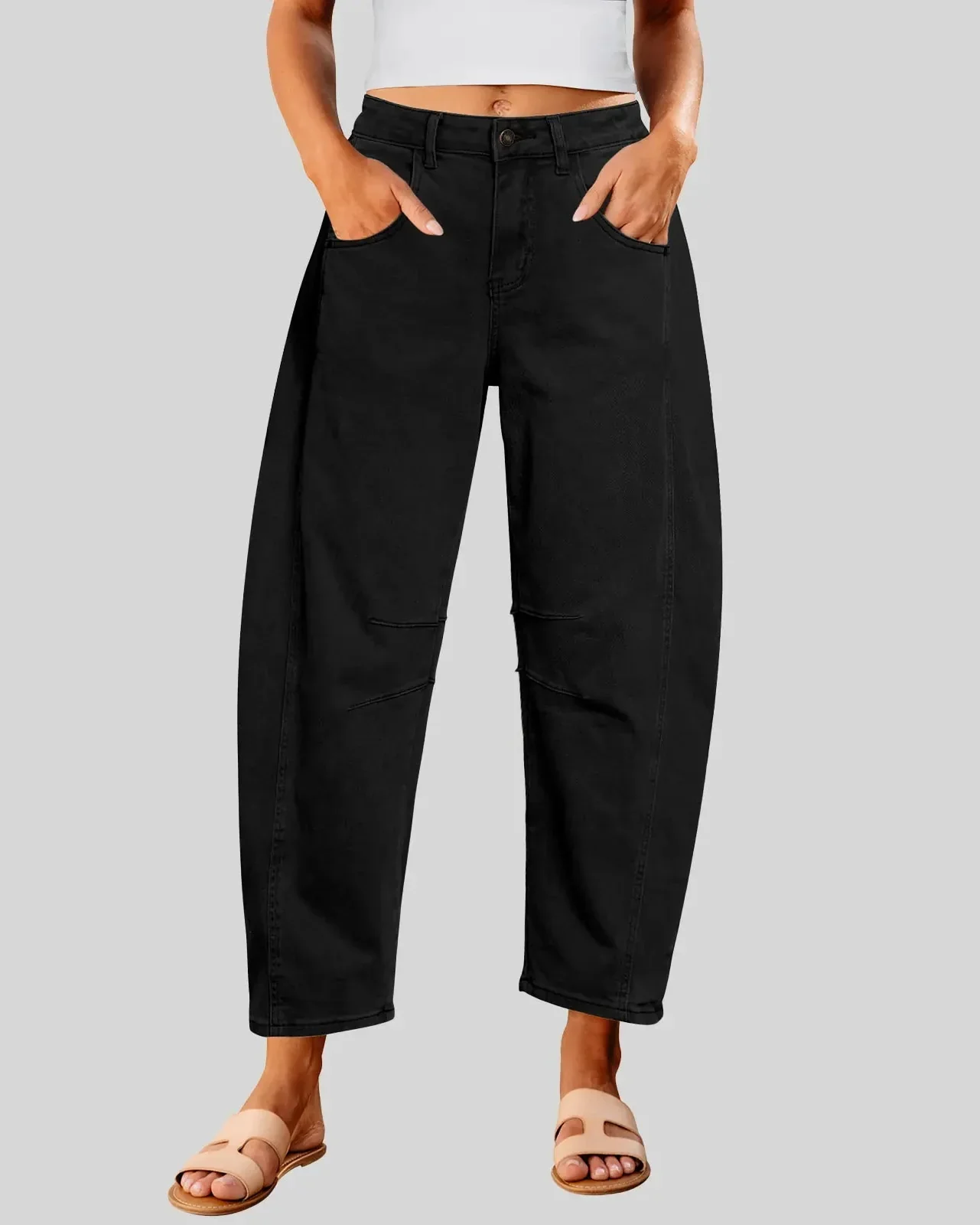 Women's High Waisted Wide Leg Baggy Cropped Barrel Jeans Plus Size - Image 7