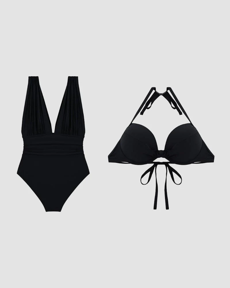 Curvyify Deep Plunge Ruched Swimsuit with Halter Bra Two-Piece Set - Image 5