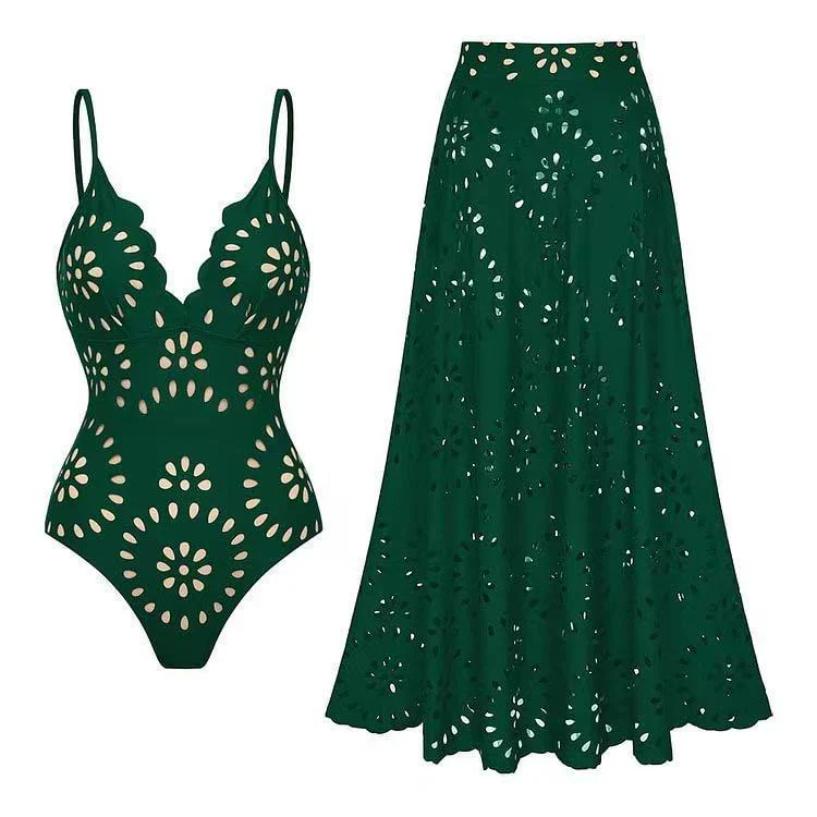 Flower Hollow One Piece Swimsuit and Skirt - Image 22
