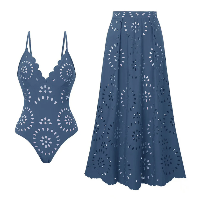 Flower Hollow One Piece Swimsuit and Skirt - Image 24