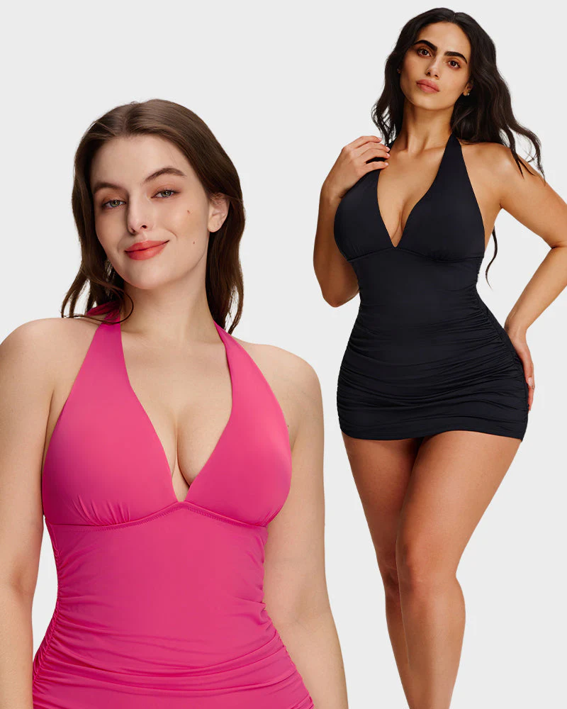 Halter V-Neck Tummy Control Swim Dress - Image 11