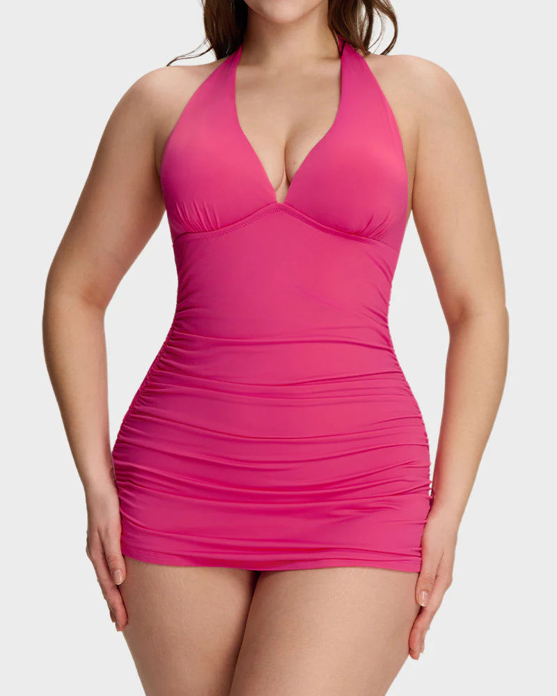 Halter V-Neck Tummy Control Swim Dress - Image 15