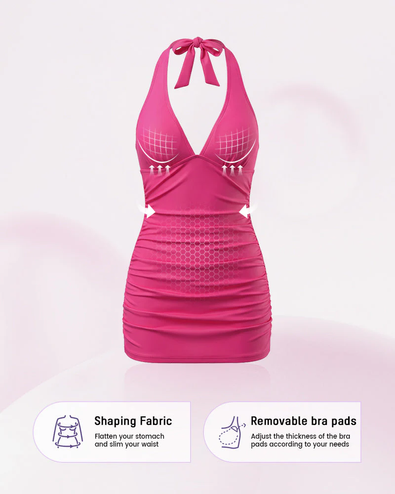 Halter V-Neck Tummy Control Swim Dress - Image 2