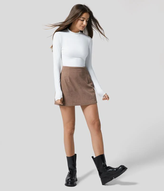 High Waisted Invisible Zipper 2-in-1 Mini A-line Corduroy Casual Skirt - Image 8