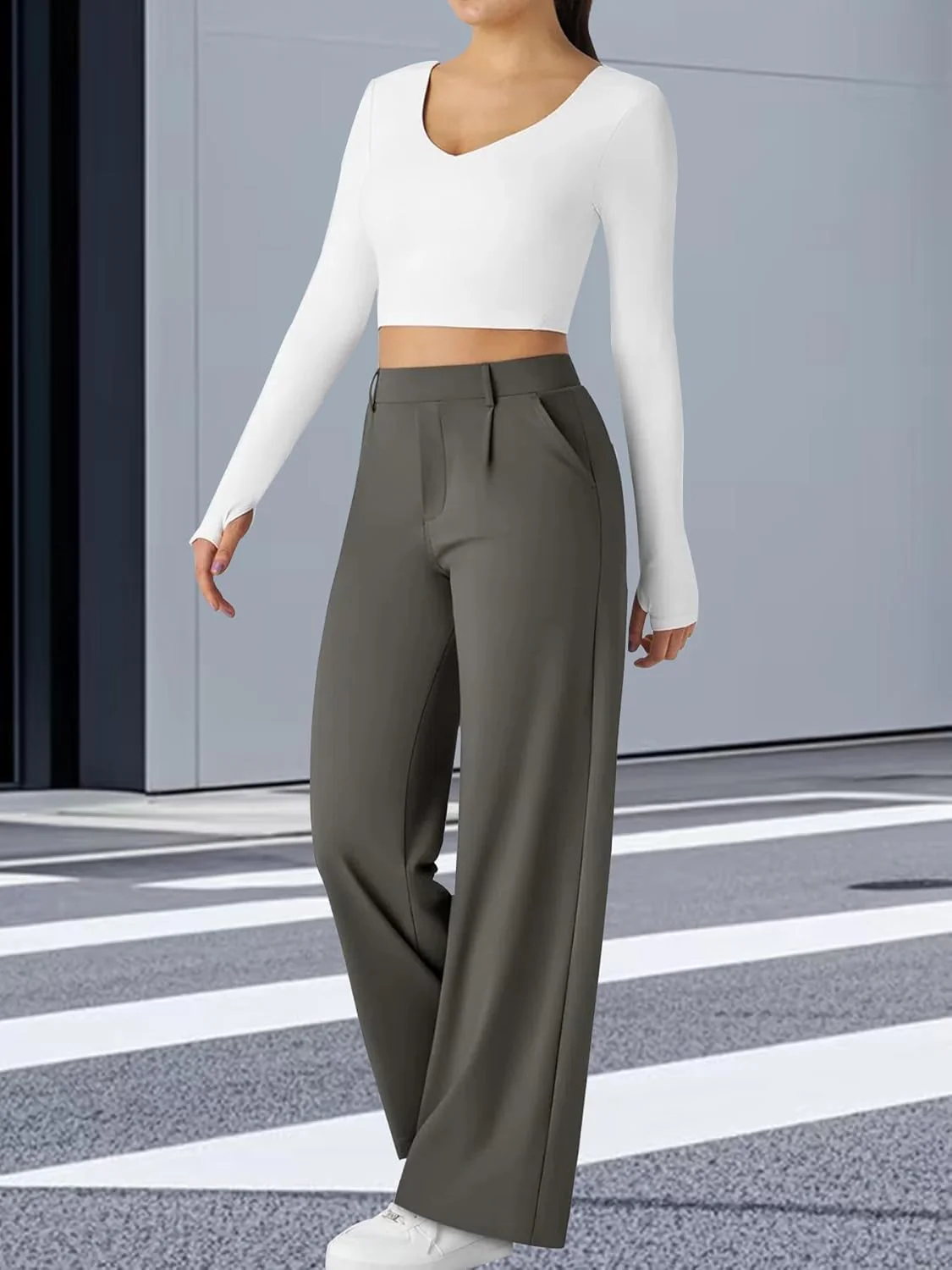 High Waisted Pocket Straight Leg Work Pants - Image 42