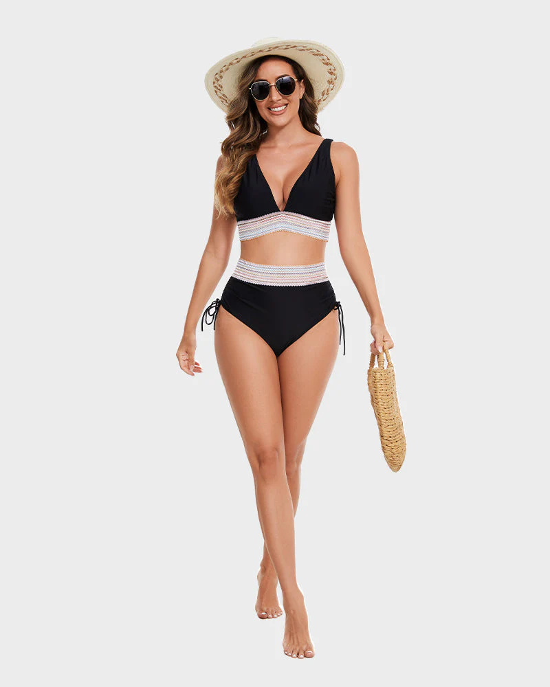 High Waisted Tummy Control Color Block Bikini Sets - Image 7