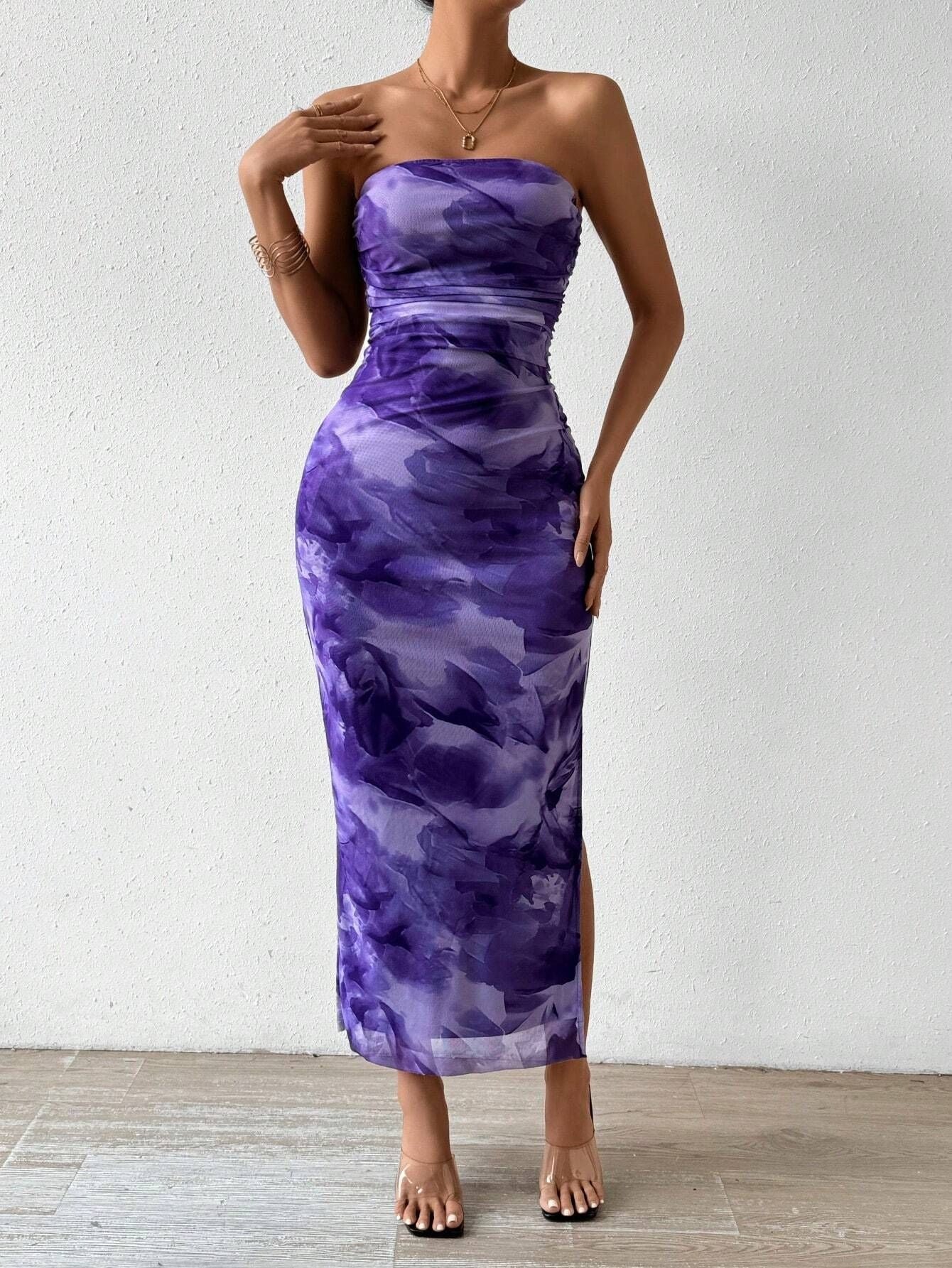 Mesh Floral Pleated Sexy Tight Split Strapless Tube-length Dress - Image 13