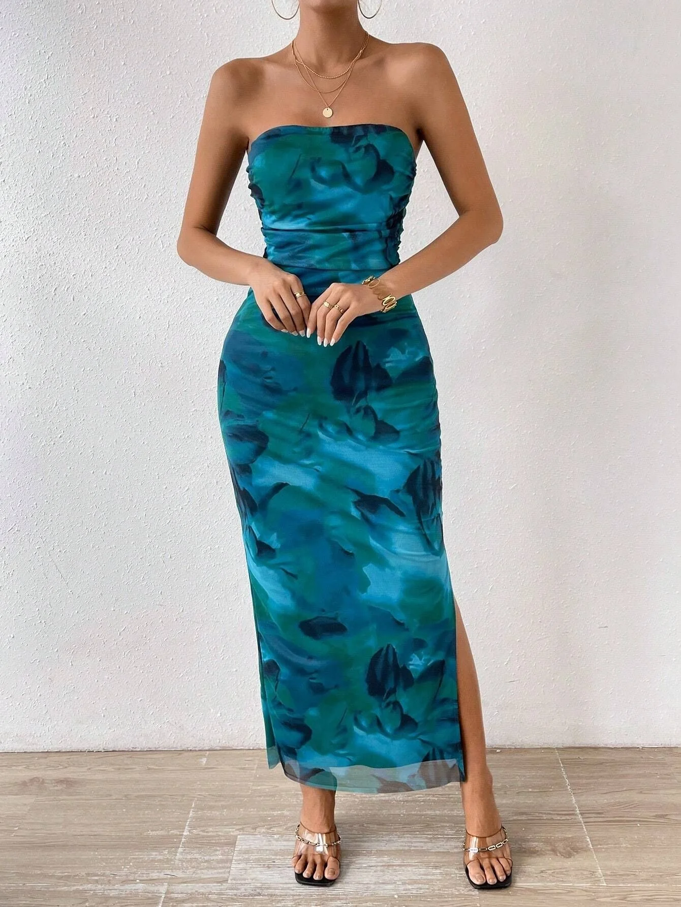 Mesh Floral Pleated Sexy Tight Split Strapless Tube-length Dress - Image 29