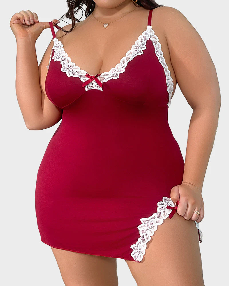 Plus Size V-Neck Side Slits Lace Trim Nightgown - Image 5
