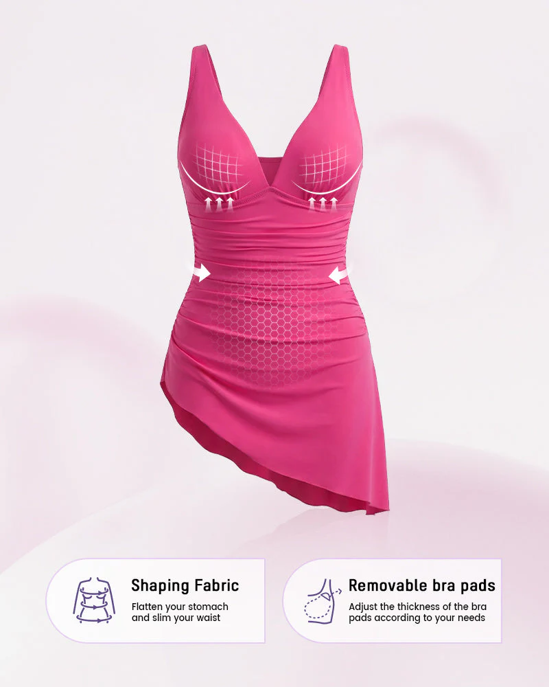 Ruched V-Neck Side Tie Slimming Swim Dress - Image 2