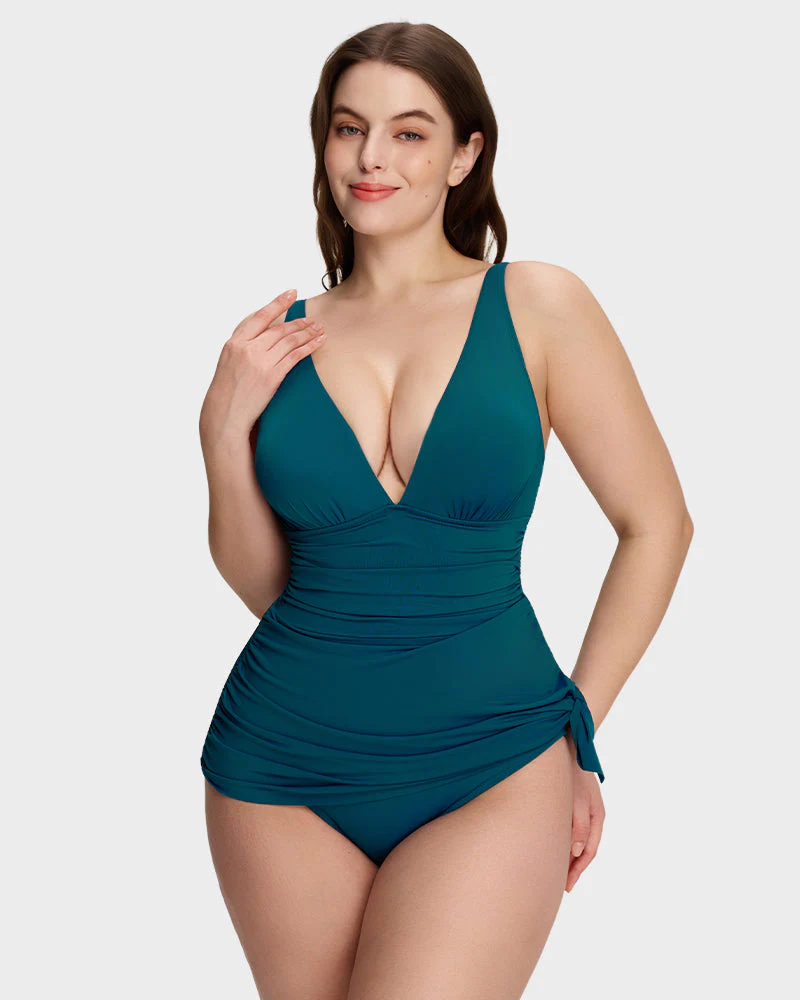 Ruched V-Neck Side Tie Slimming Swim Dress - Image 8