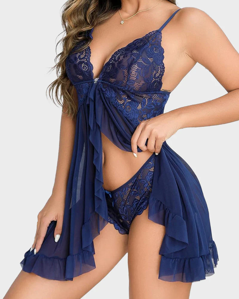 Sexy Lace Mesh See-Through Nightgown with Matching Thong - Image 9