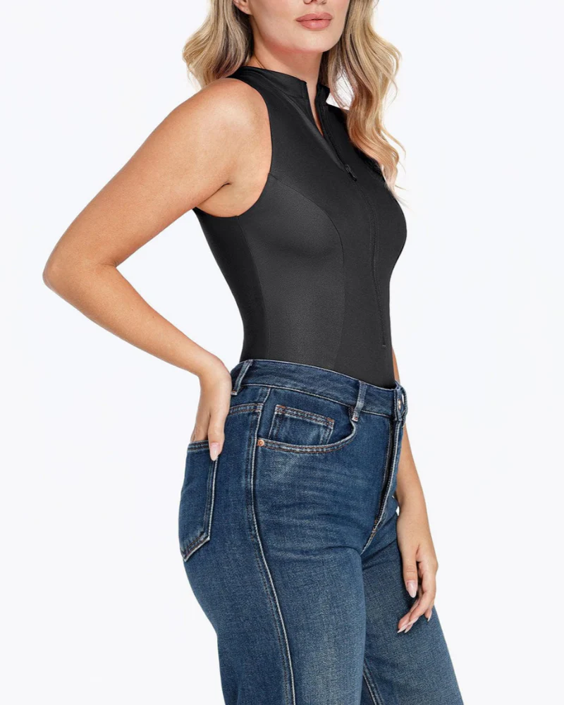 Shapewear Faux Leather Mock Neck Zip Front Sculpting Bodysuit - Image 2