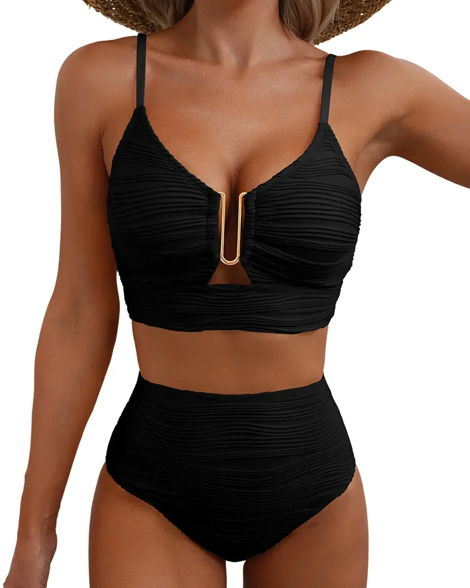 Textured U-Wire Cutout High-Waisted Bikini Set - Image 5