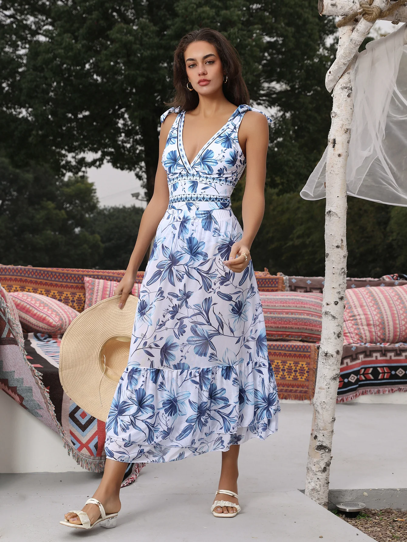 V Neck Lace Up Strip Plant Prints One Piece Swimsuit and Skirt/Sarong - Image 10