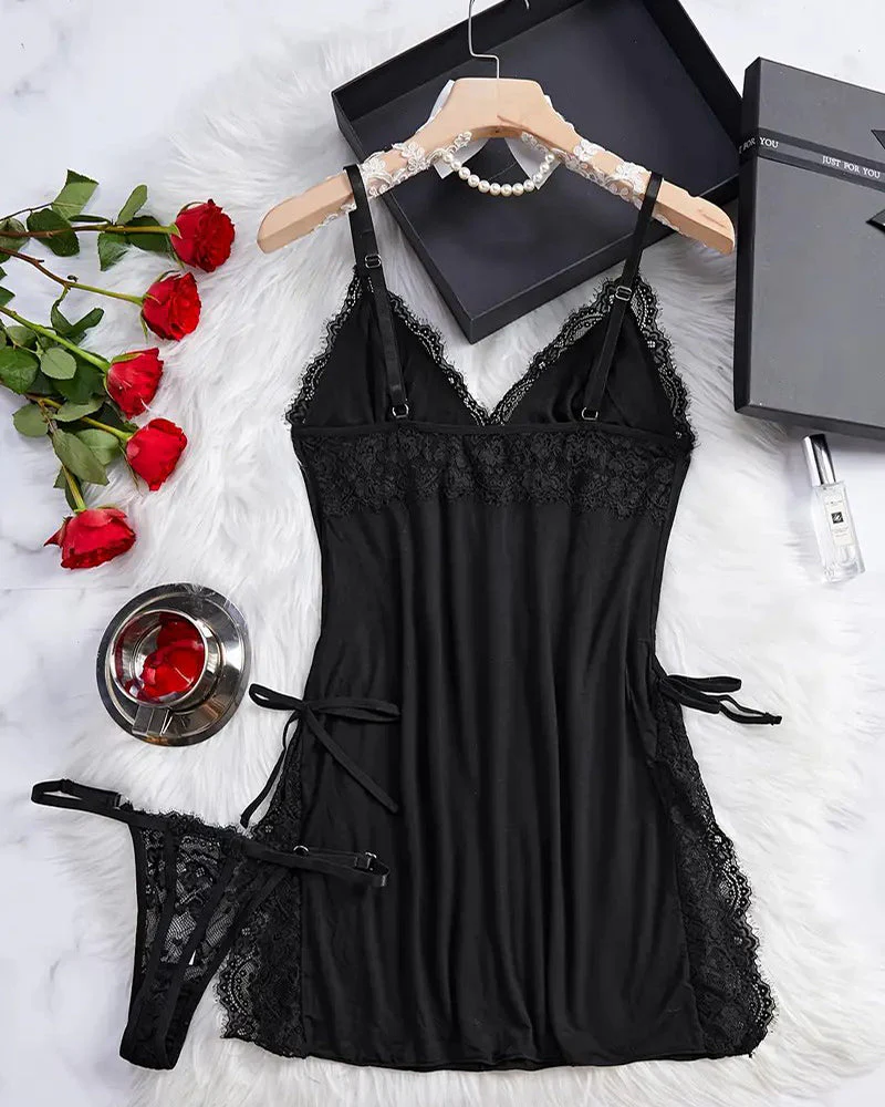 V-Neck Side Slits Lace Nightgown with G-String - Image 2