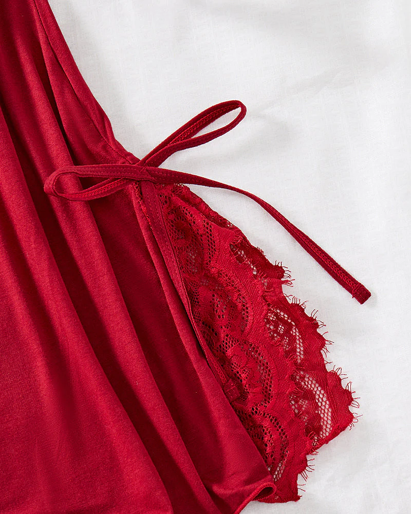 V-Neck Side Slits Lace Nightgown with G-String - Image 8