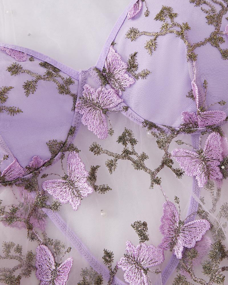 Women's Butterfly Embroidery Cami Nightdress & Thong Sexy Lingerie Set - Image 4