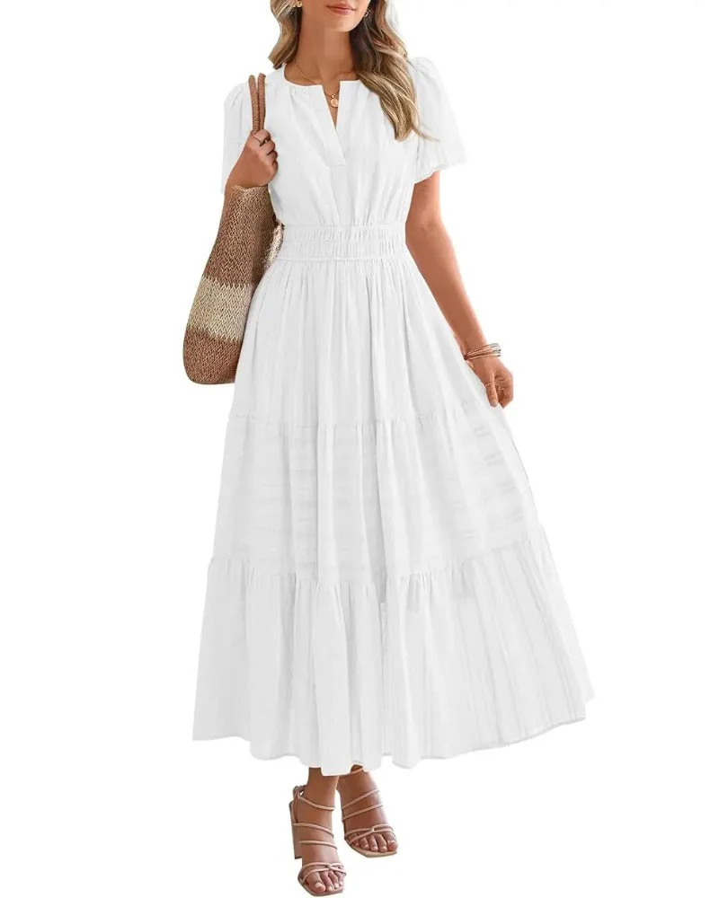 Women's Casual Boho Maxi Dress V Neck Short Sleeve with Pockets - Image 11