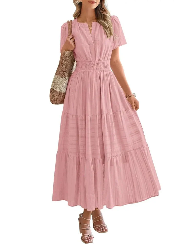 Women's Casual Boho Maxi Dress V Neck Short Sleeve with Pockets - Image 9