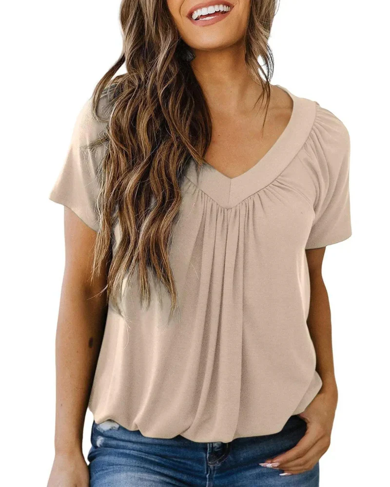 Women's Casual Summer V Neck Short Sleeve T Shirt Loose Fit Comfort Shirred Top - Image 10