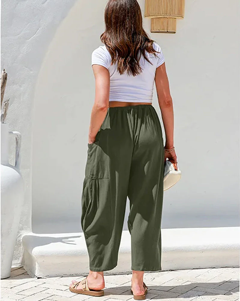 Womens Linen Wide Leg Pants Casual Loose Beach Palazzo Harem Pants with Pockets - Image 11