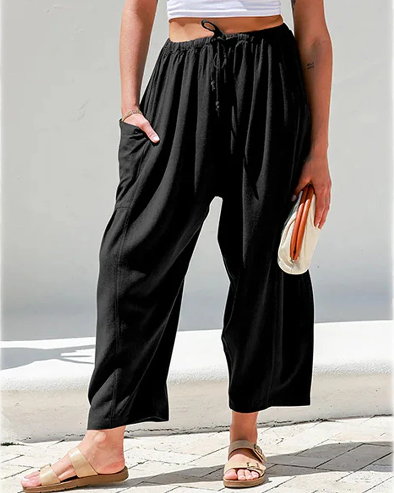 Womens Linen Wide Leg Pants Casual Loose Beach Palazzo Harem Pants with Pockets - Image 12