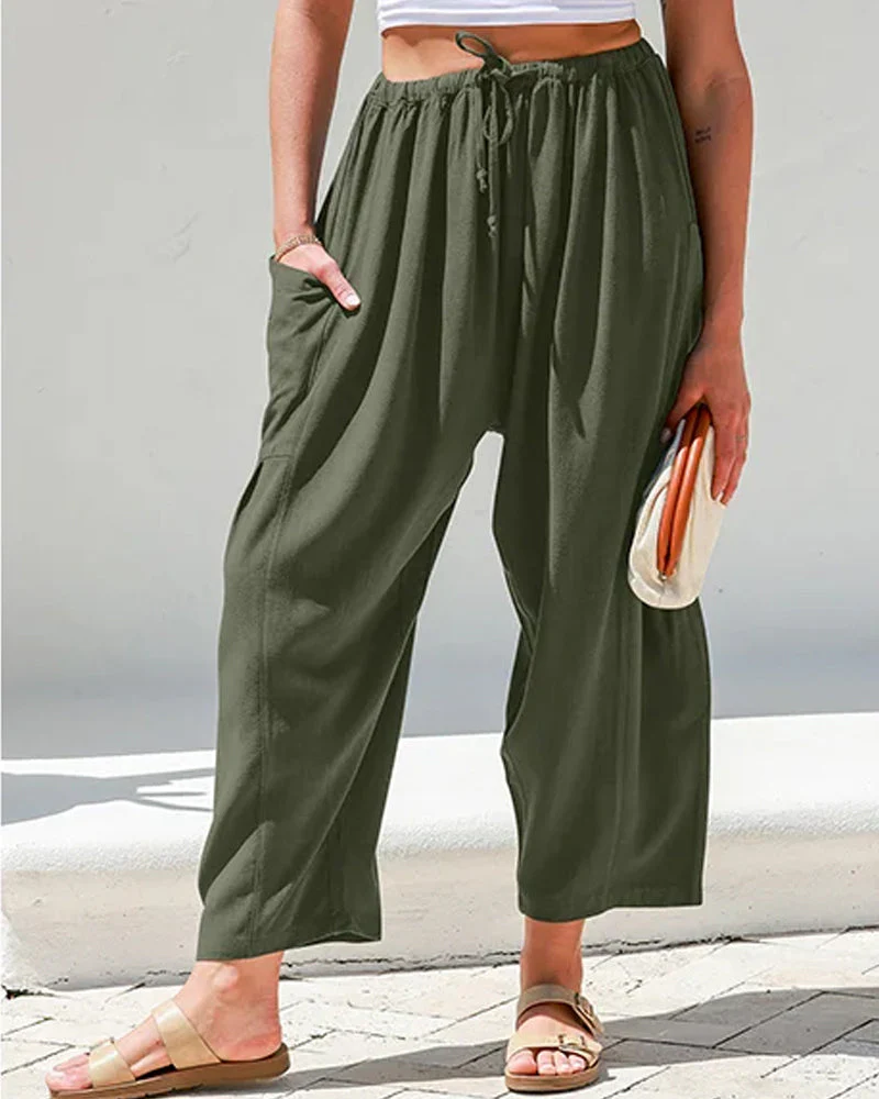 Womens Linen Wide Leg Pants Casual Loose Beach Palazzo Harem Pants with Pockets - Image 9