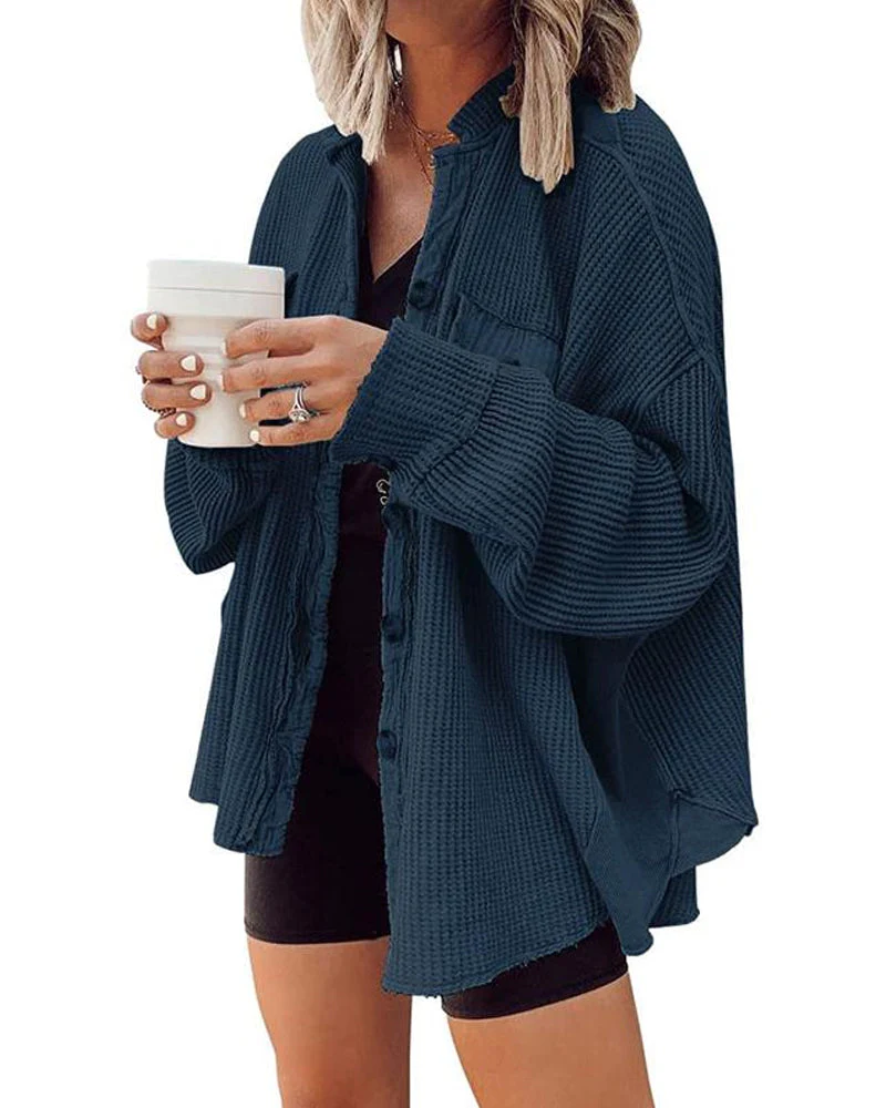 Women's Loose Fit Batwing Sleeve Waffle Knit Tops - Image 10