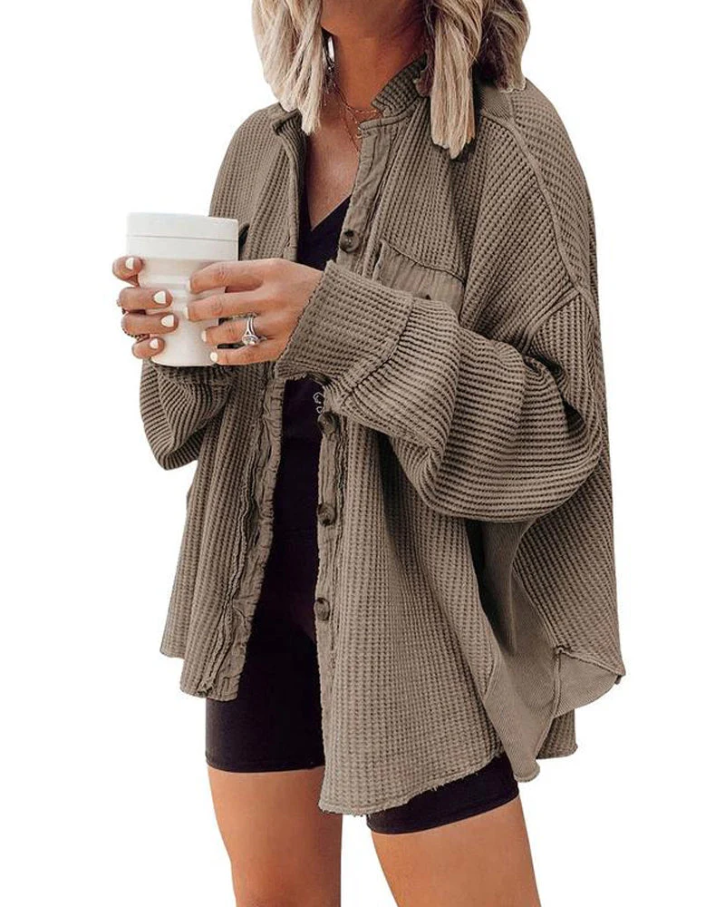Women's Loose Fit Batwing Sleeve Waffle Knit Tops - Image 5