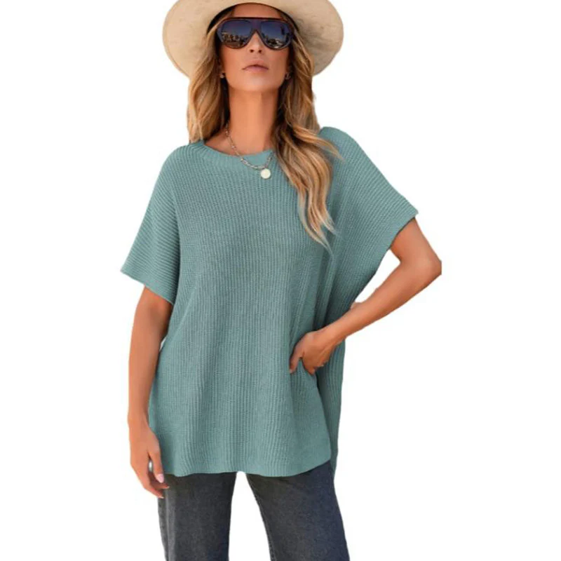 Women's Summer Solid Wool Pullover - Round Neck, Loose Short-Sleeve - Image 4